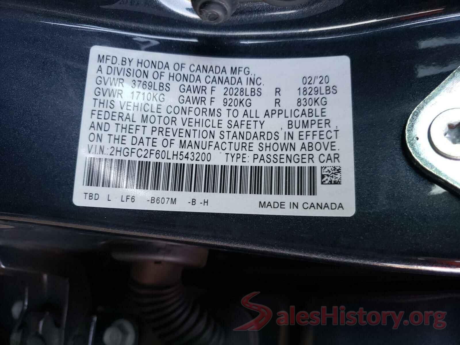 2HGFC2F60LH543200 2020 HONDA CIVIC