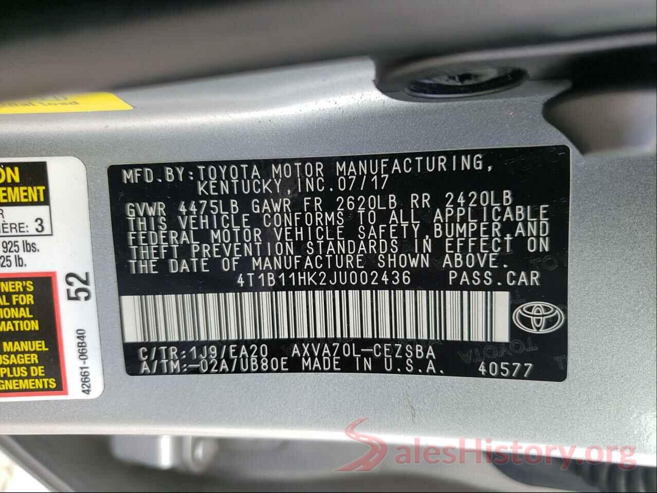 4T1B11HK2JU002436 2018 TOYOTA CAMRY