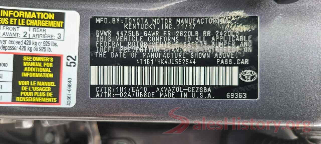 4T1B11HK4JU552544 2018 TOYOTA CAMRY