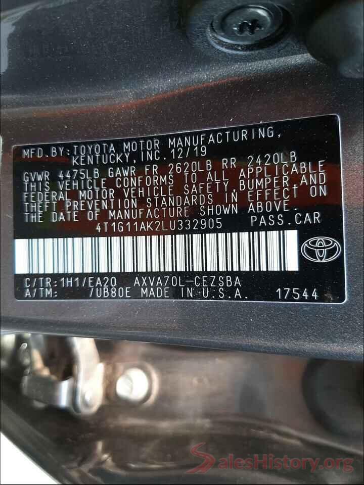 4T1G11AK2LU332905 2020 TOYOTA CAMRY