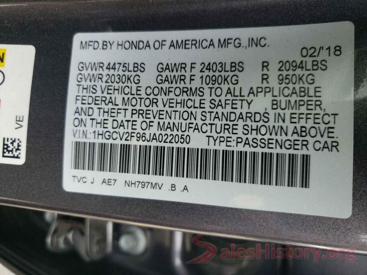 1HGCV2F96JA022050 2018 HONDA ACCORD