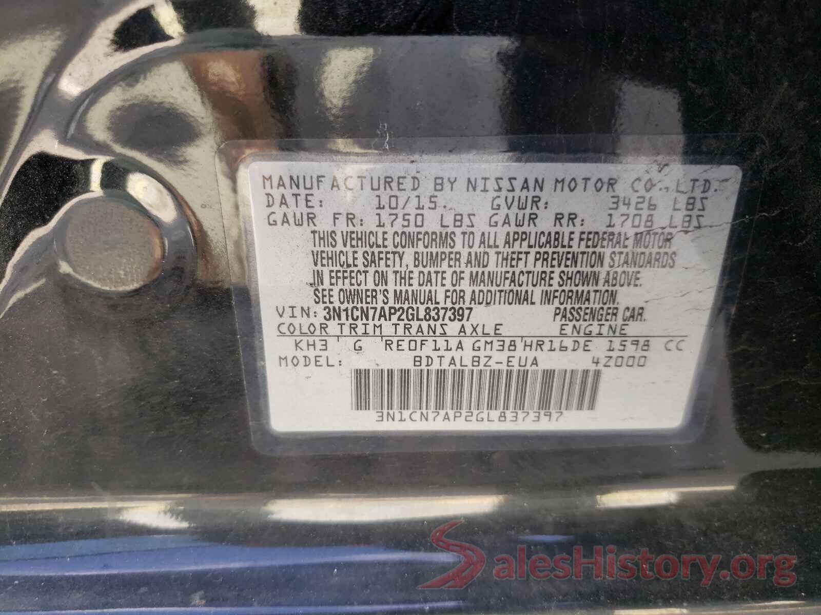 3N1CN7AP2GL837397 2016 NISSAN VERSA