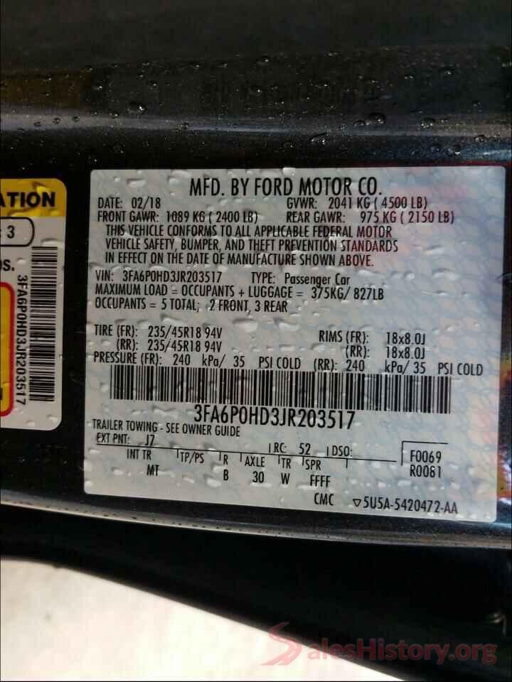 3FA6P0HD3JR203517 2018 FORD FUSION