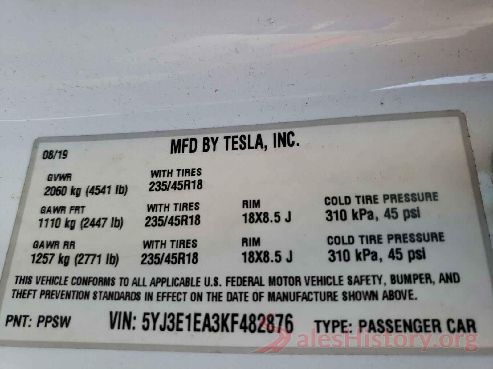 5YJ3E1EA3KF482876 2019 TESLA MODEL 3