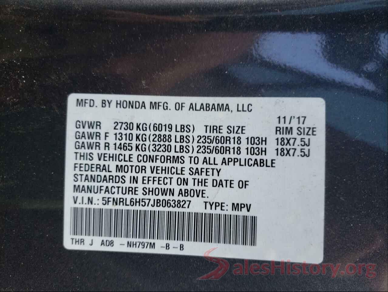 5FNRL6H57JB063827 2018 HONDA ODYSSEY