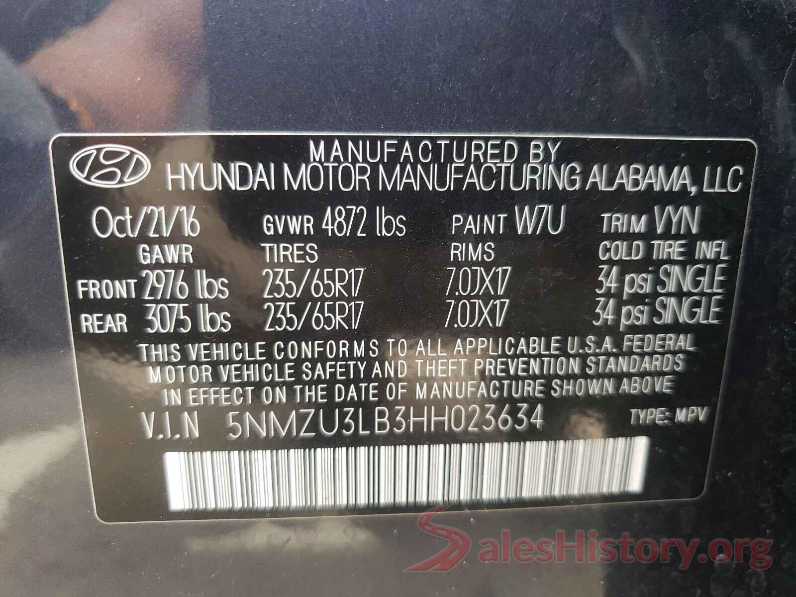 5NMZU3LB3HH023634 2017 HYUNDAI SANTA FE