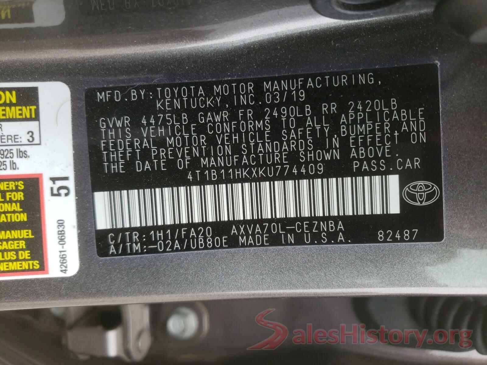 4T1B11HKXKU774409 2019 TOYOTA CAMRY