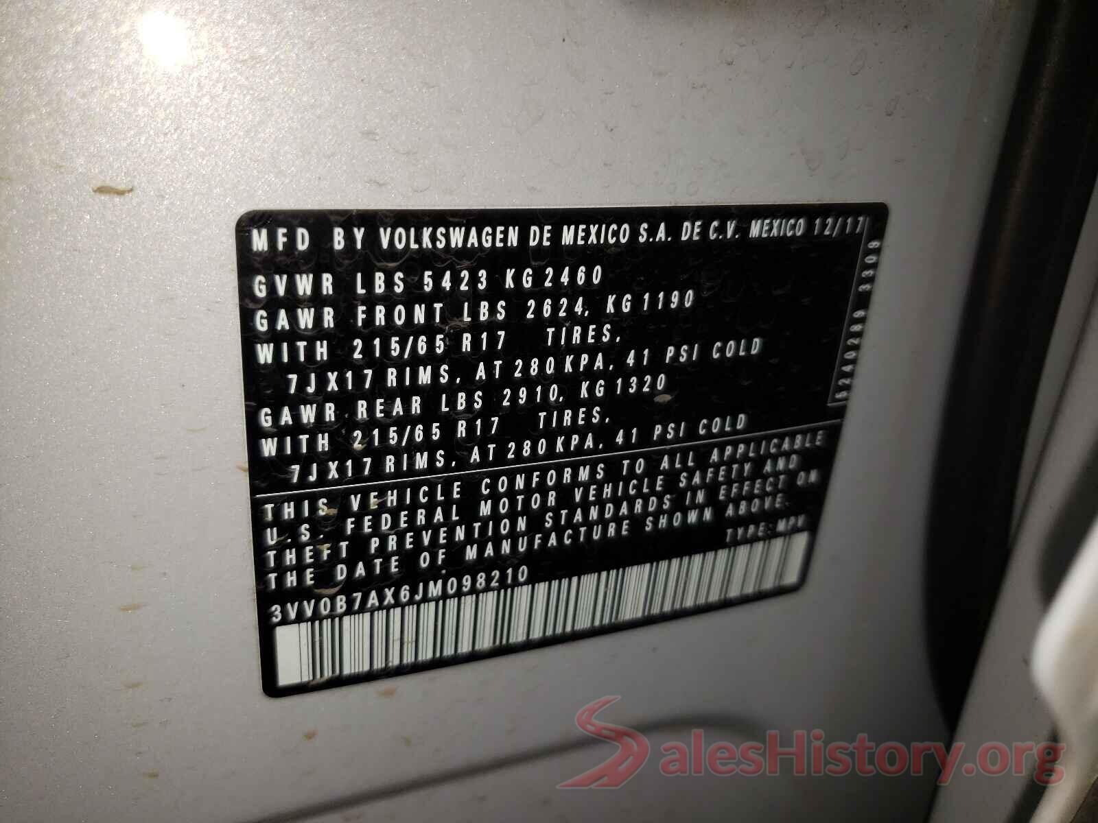 3VV0B7AX6JM098210 2018 VOLKSWAGEN TIGUAN