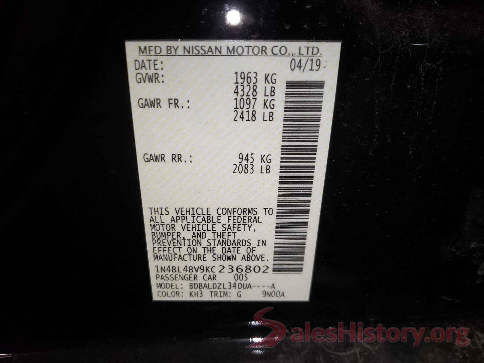 1N4BL4BV9KC236802 2019 NISSAN ALTIMA