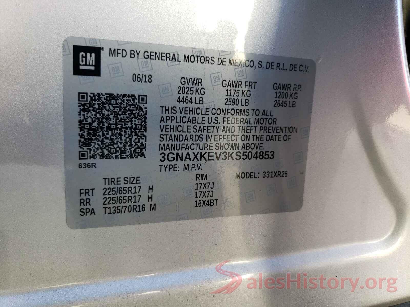 3GNAXKEV3KS504853 2019 CHEVROLET EQUINOX