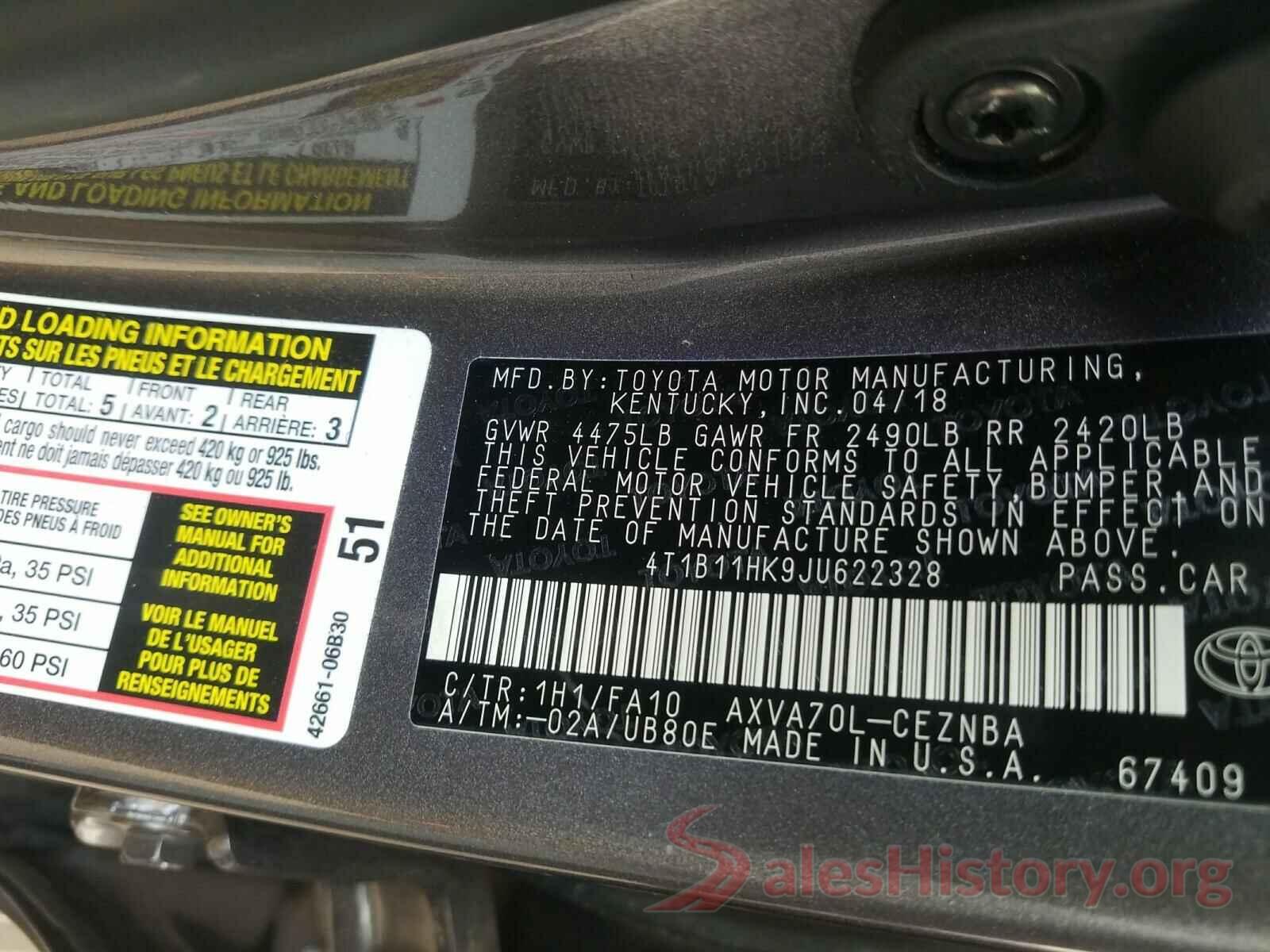 4T1B11HK9JU622328 2018 TOYOTA CAMRY