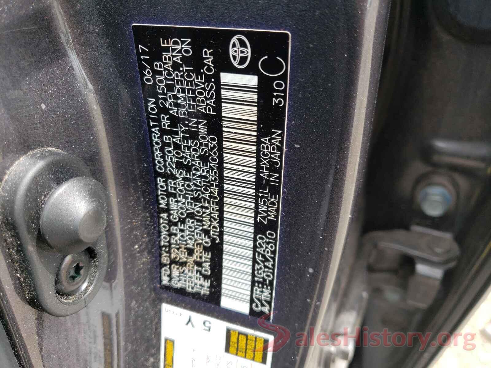 JTDKARFU4H3540630 2017 TOYOTA PRIUS