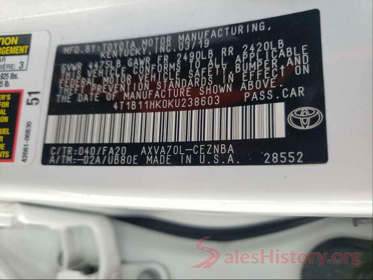 4T1B11HK0KU238603 2019 TOYOTA CAMRY