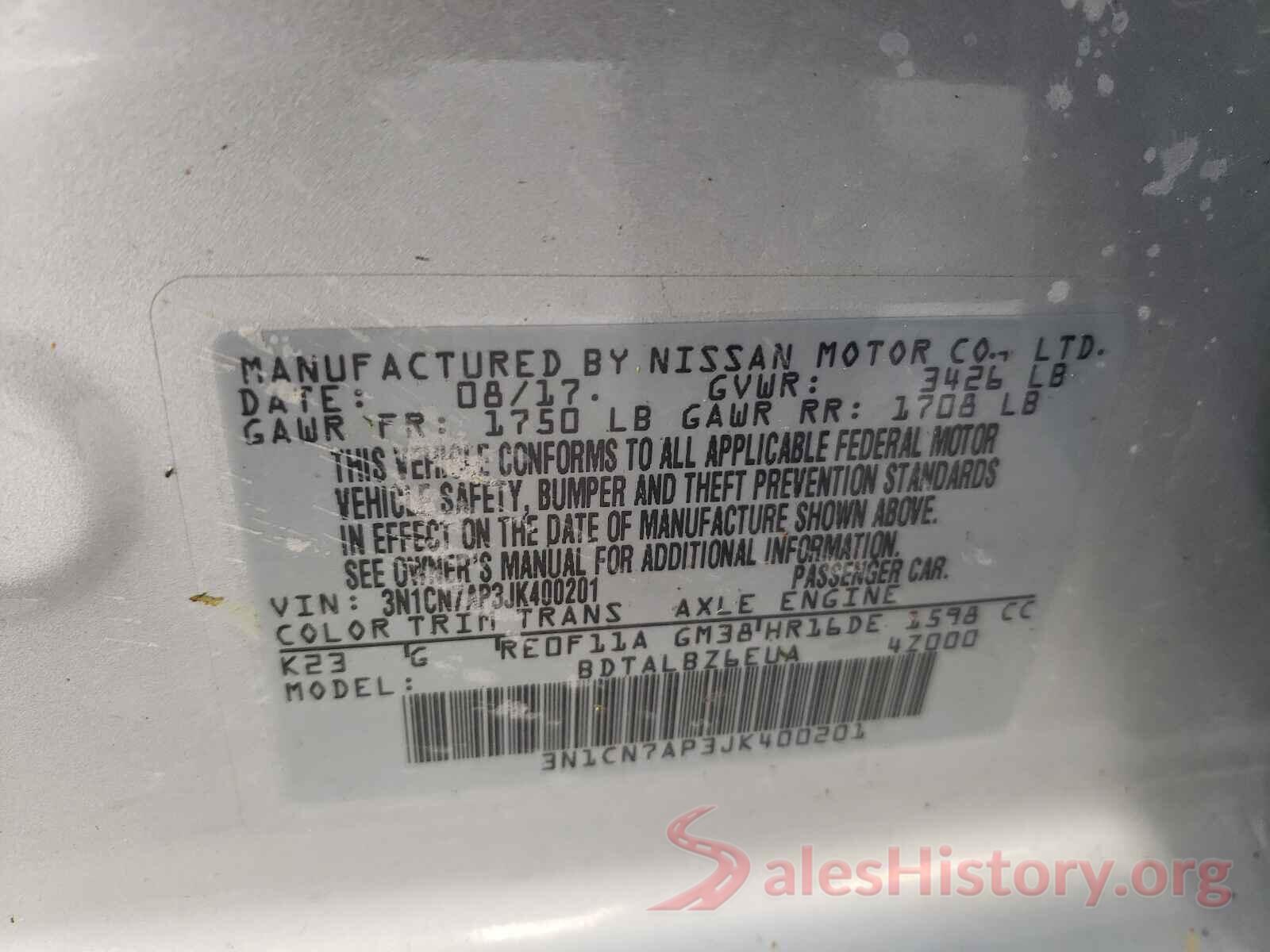 3N1CN7AP3JK400201 2018 NISSAN VERSA