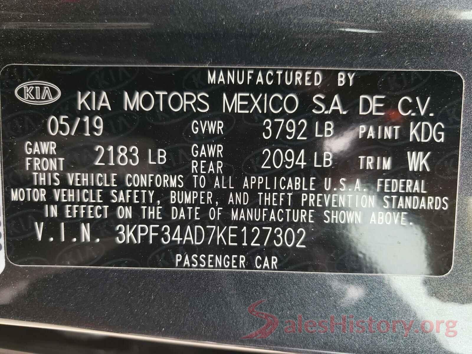 3KPF34AD7KE127302 2019 KIA FORTE