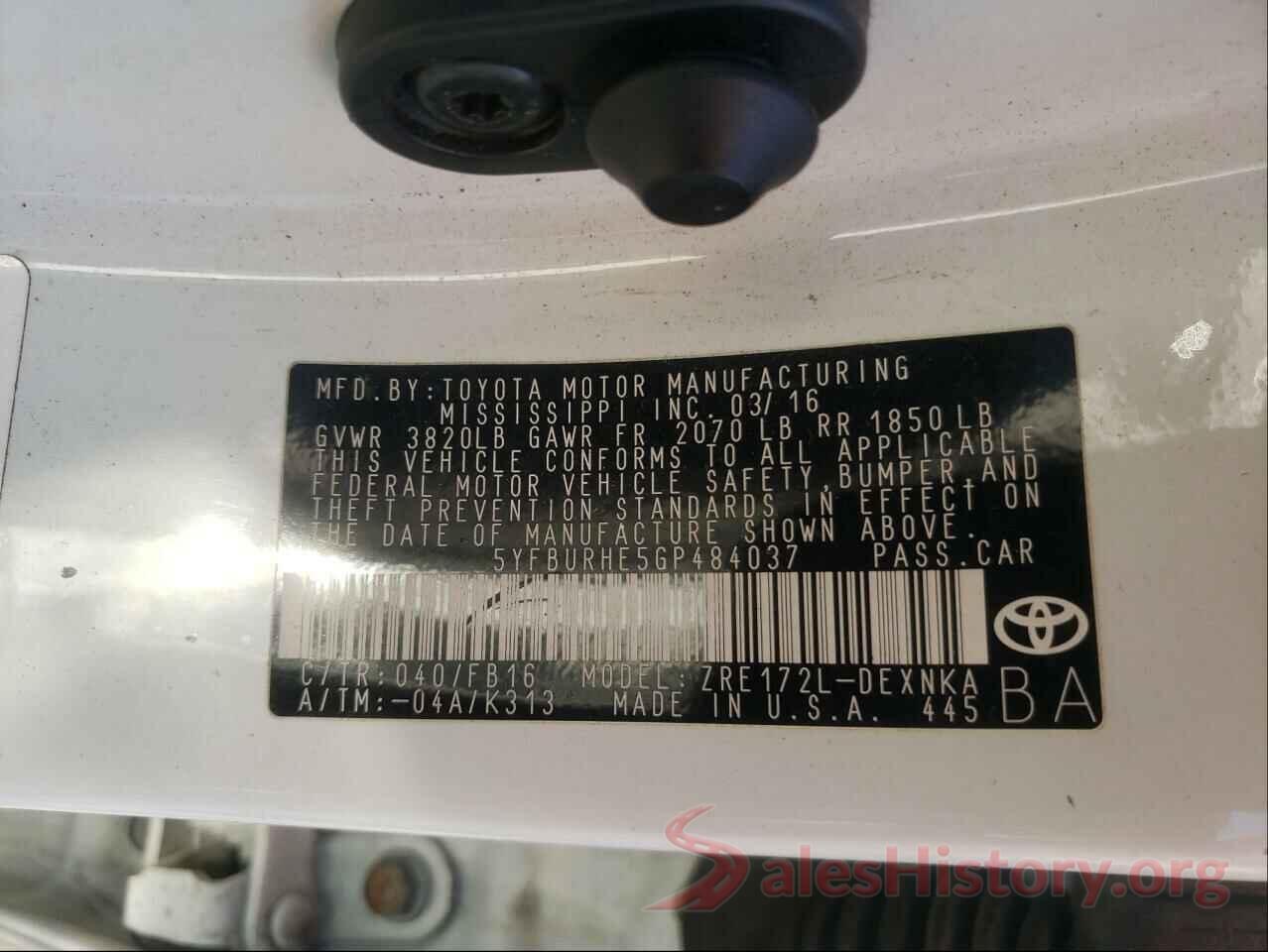 5YFBURHE5GP484037 2016 TOYOTA COROLLA