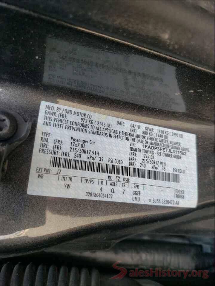 1FADP3FE7JL311562 2018 FORD FOCUS