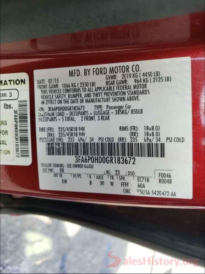 3FA6P0HD0GR183672 2016 FORD FUSION