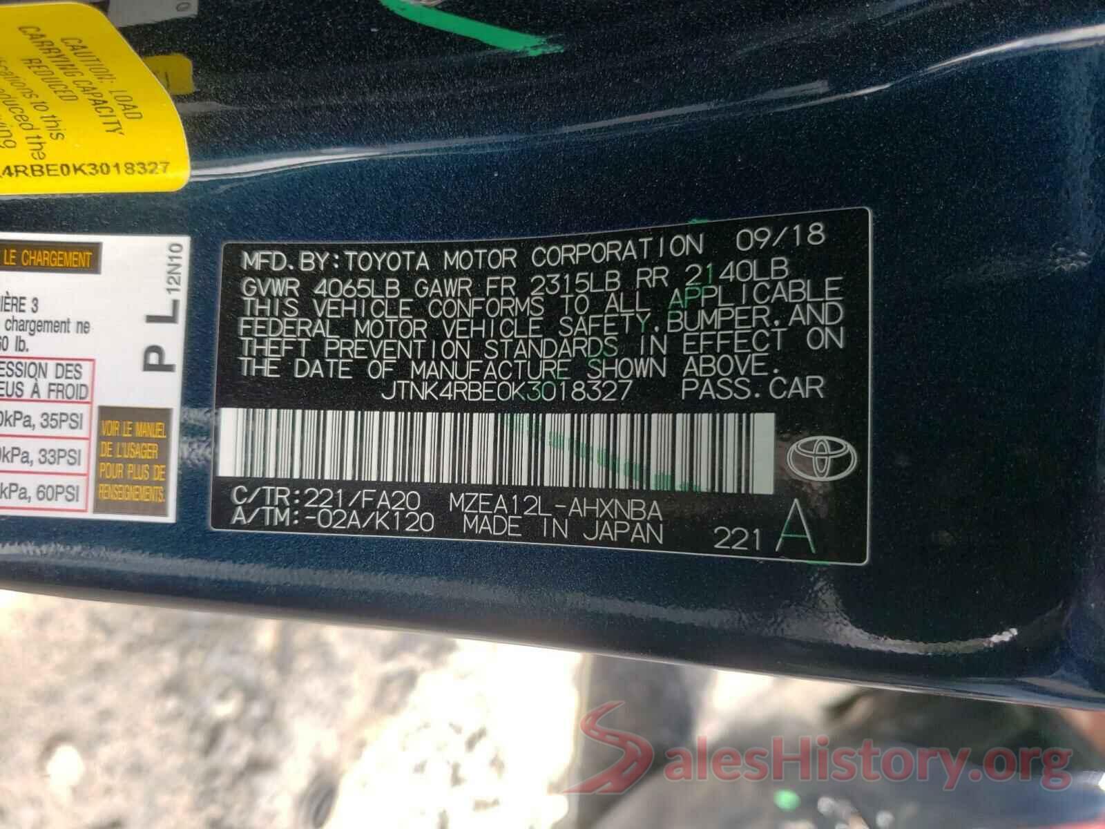 JTNK4RBE0K3018327 2019 TOYOTA COROLLA