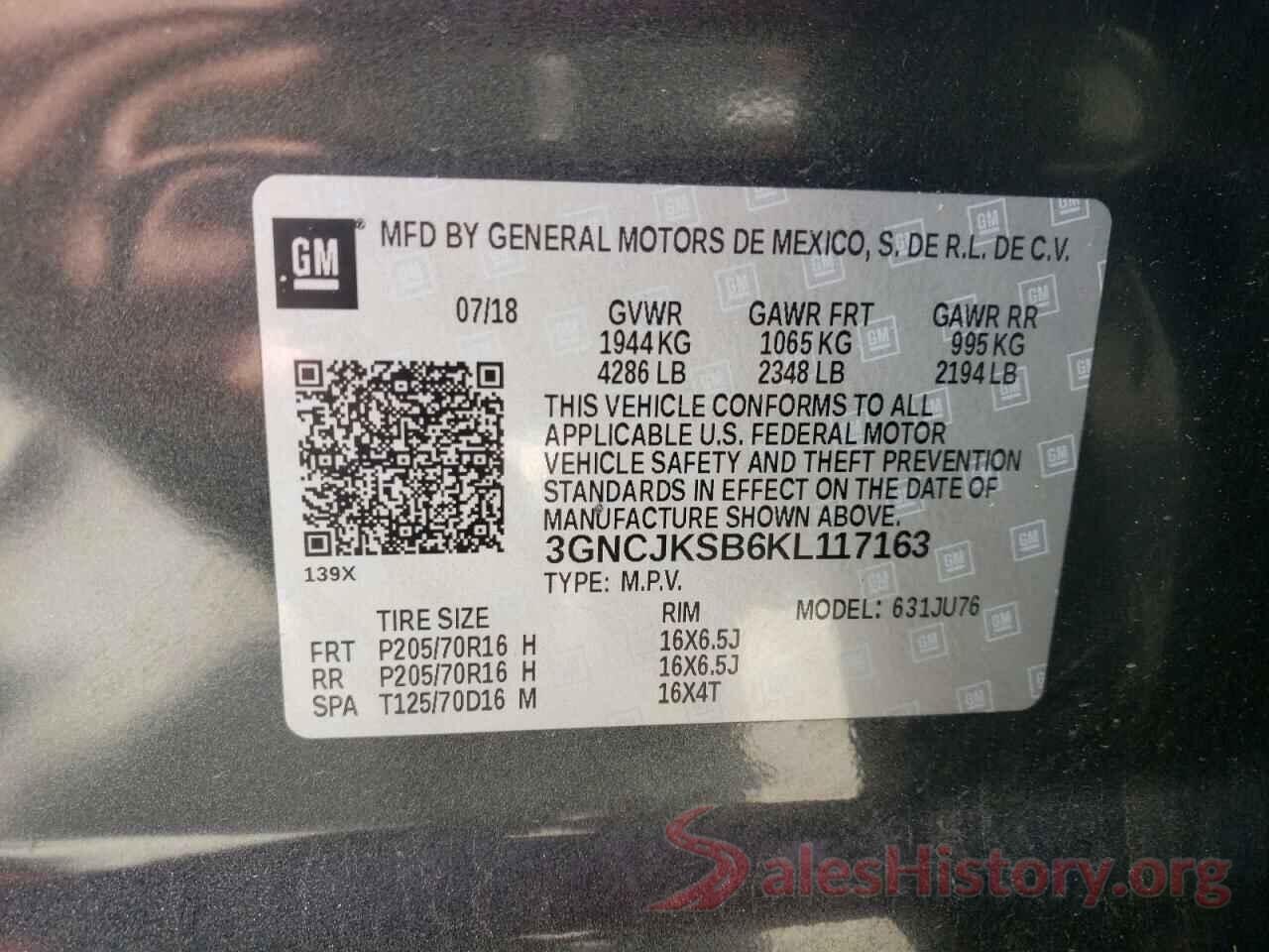 3GNCJKSB6KL117163 2019 CHEVROLET TRAX