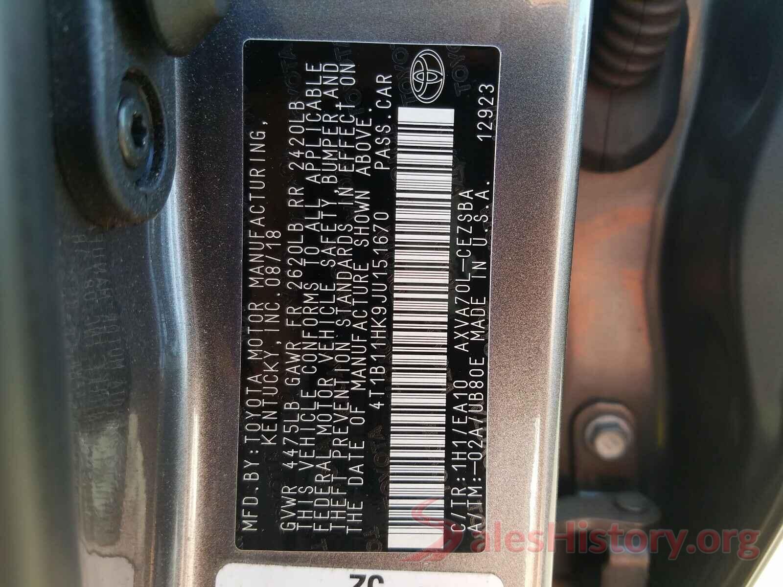 4T1B11HK9JU151670 2018 TOYOTA CAMRY