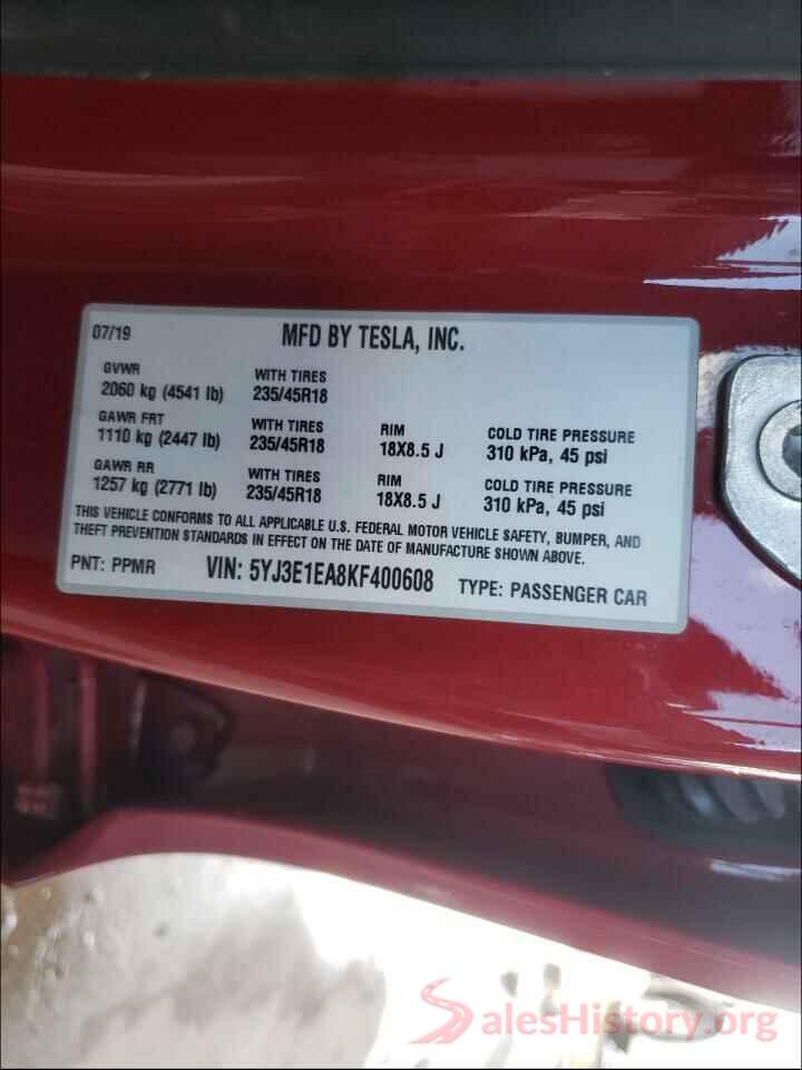 5YJ3E1EA8KF400608 2019 TESLA MODEL 3