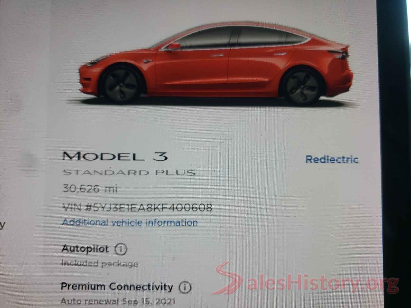 5YJ3E1EA8KF400608 2019 TESLA MODEL 3