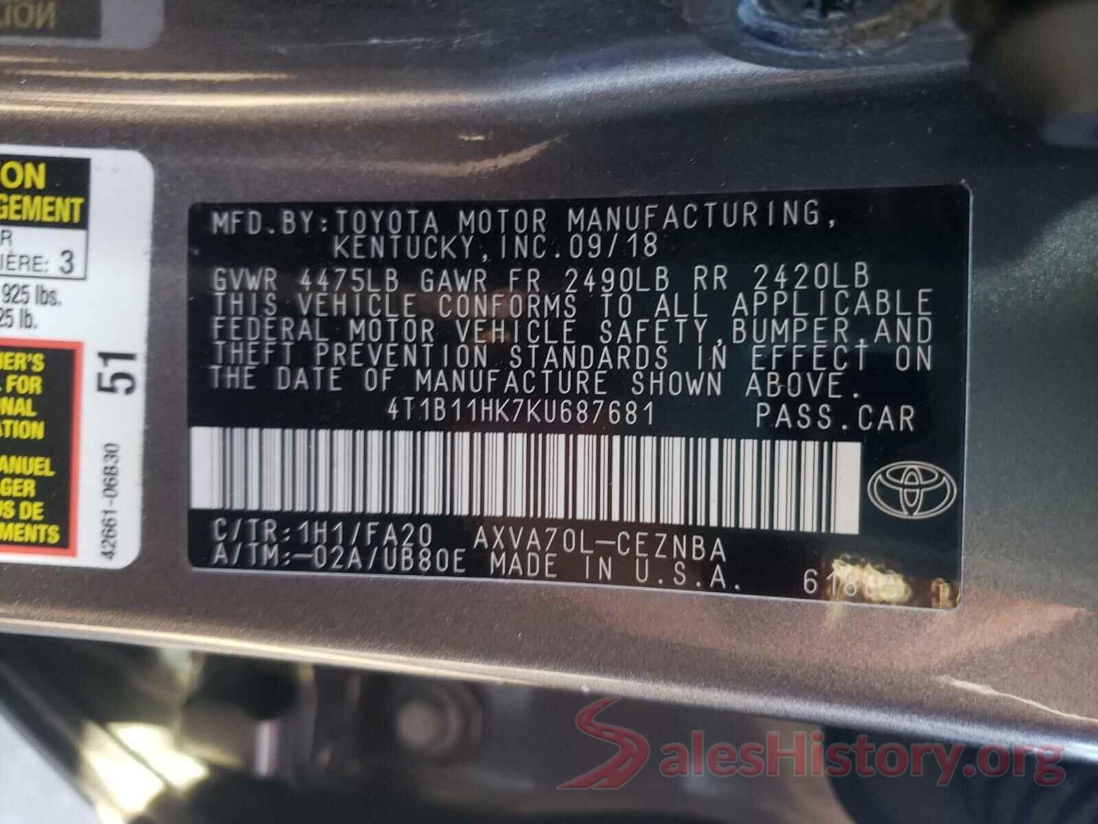 4T1B11HK7KU687681 2019 TOYOTA CAMRY