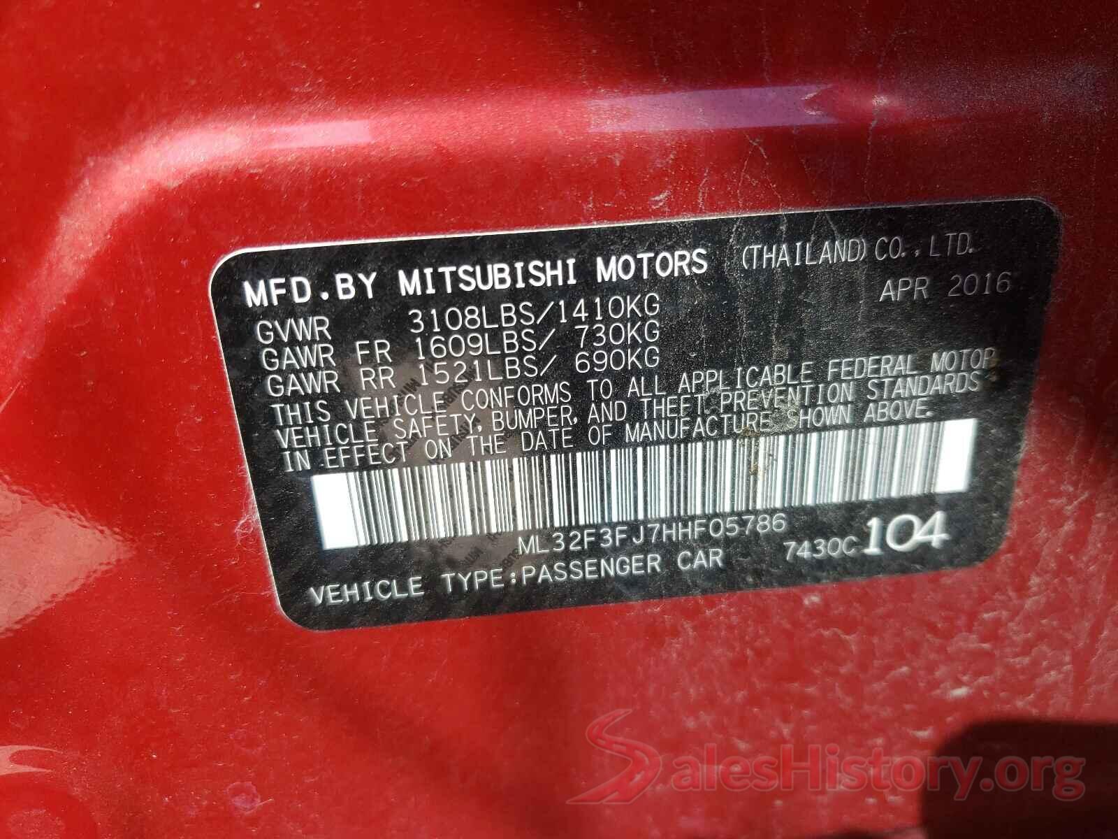 ML32F3FJ7HHF05786 2017 MITSUBISHI MIRAGE