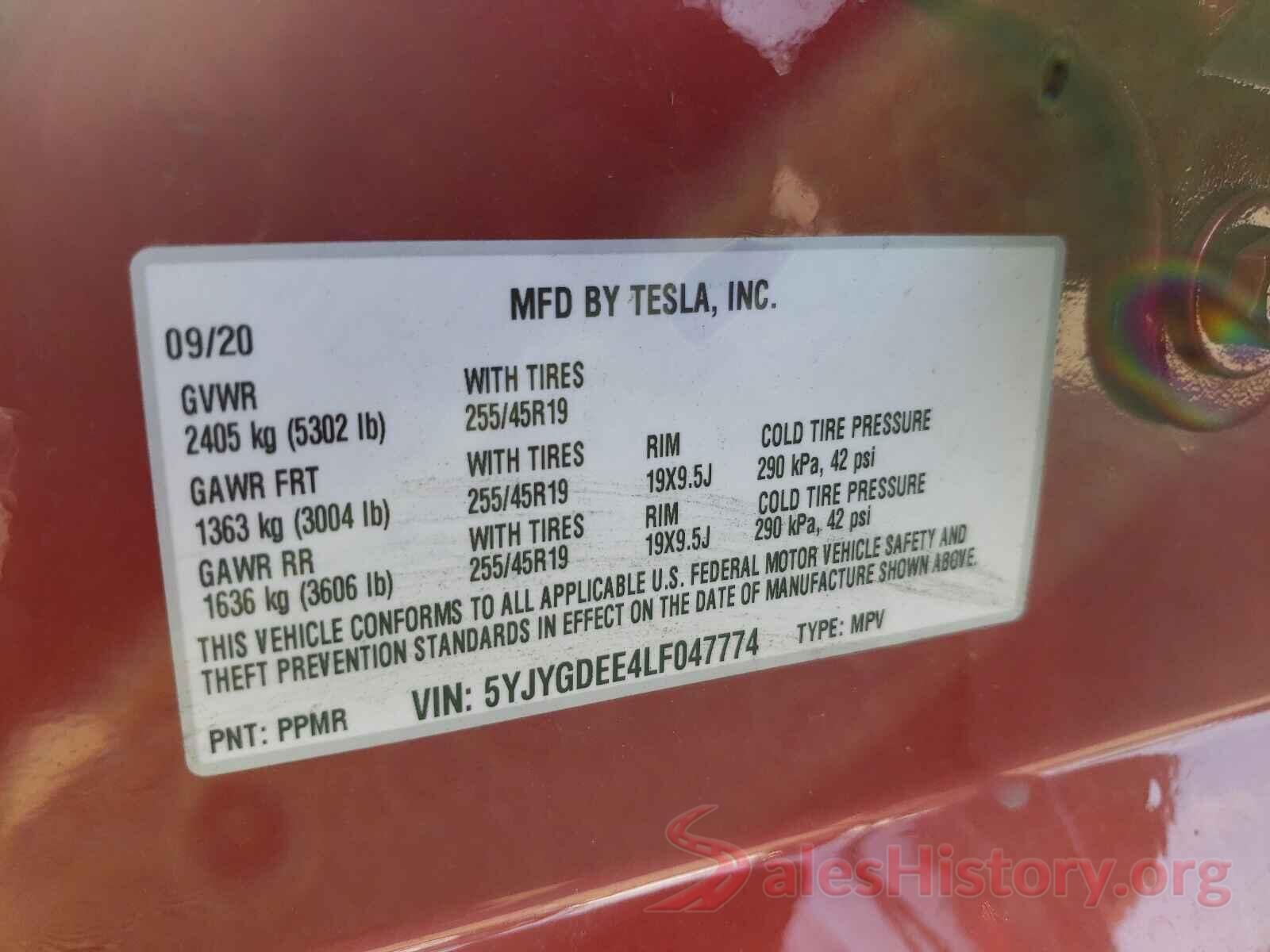 5YJYGDEE4LF047774 2020 TESLA MODEL Y