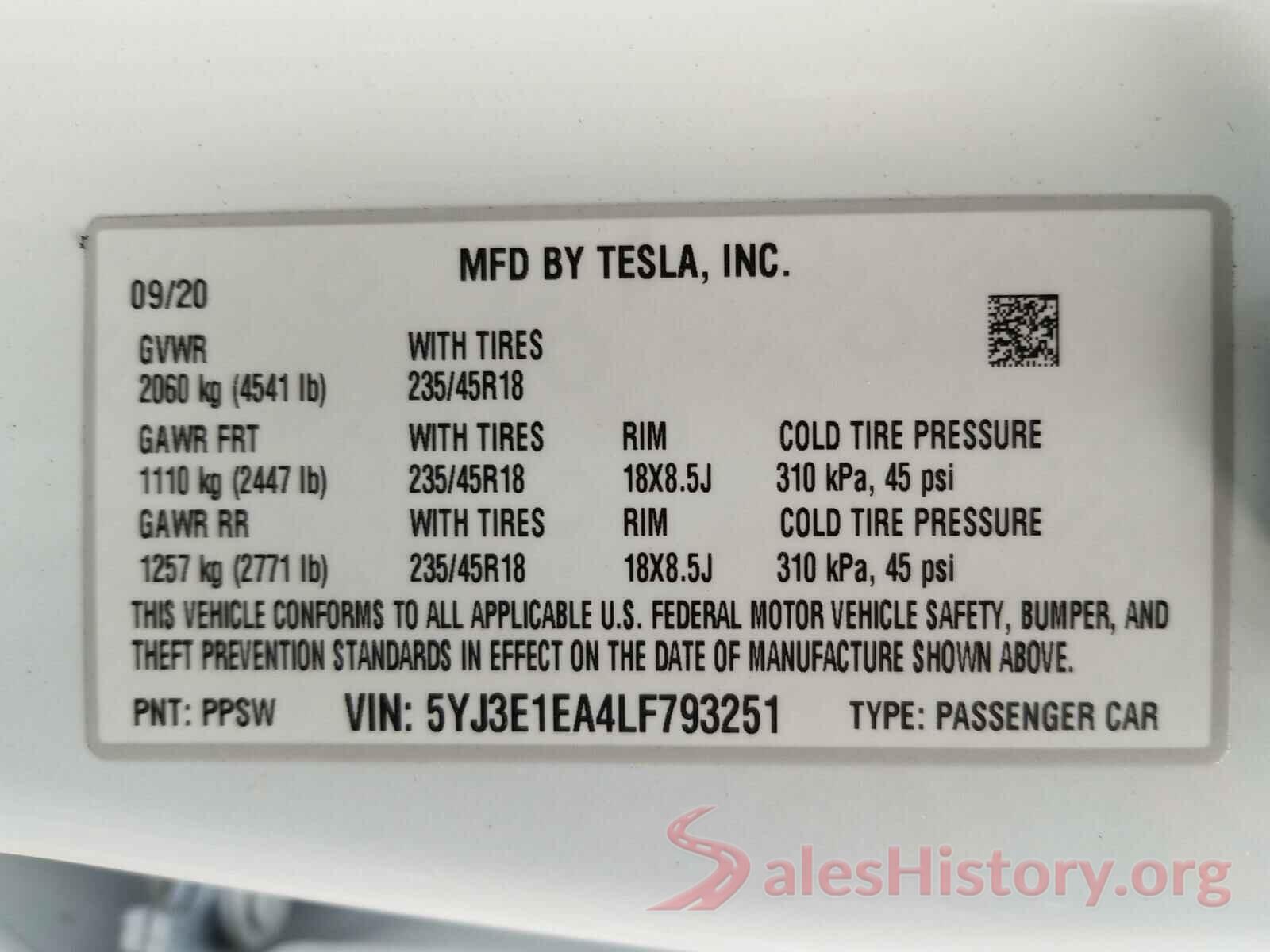 5YJ3E1EA4LF793251 2020 TESLA MODEL 3