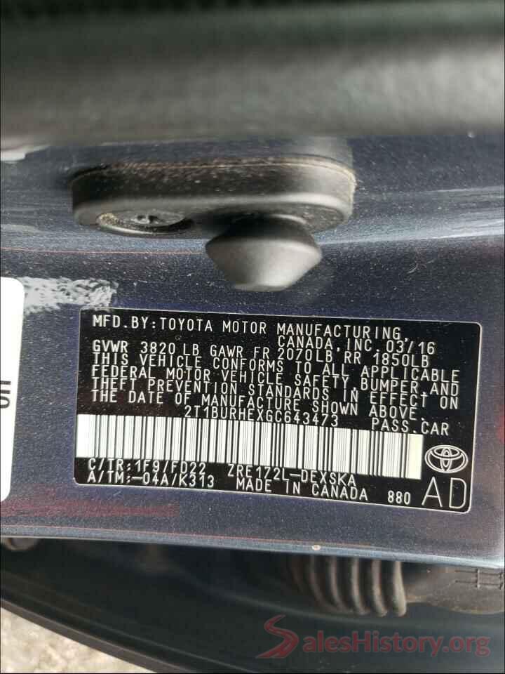 2T1BURHEXGC643473 2016 TOYOTA COROLLA