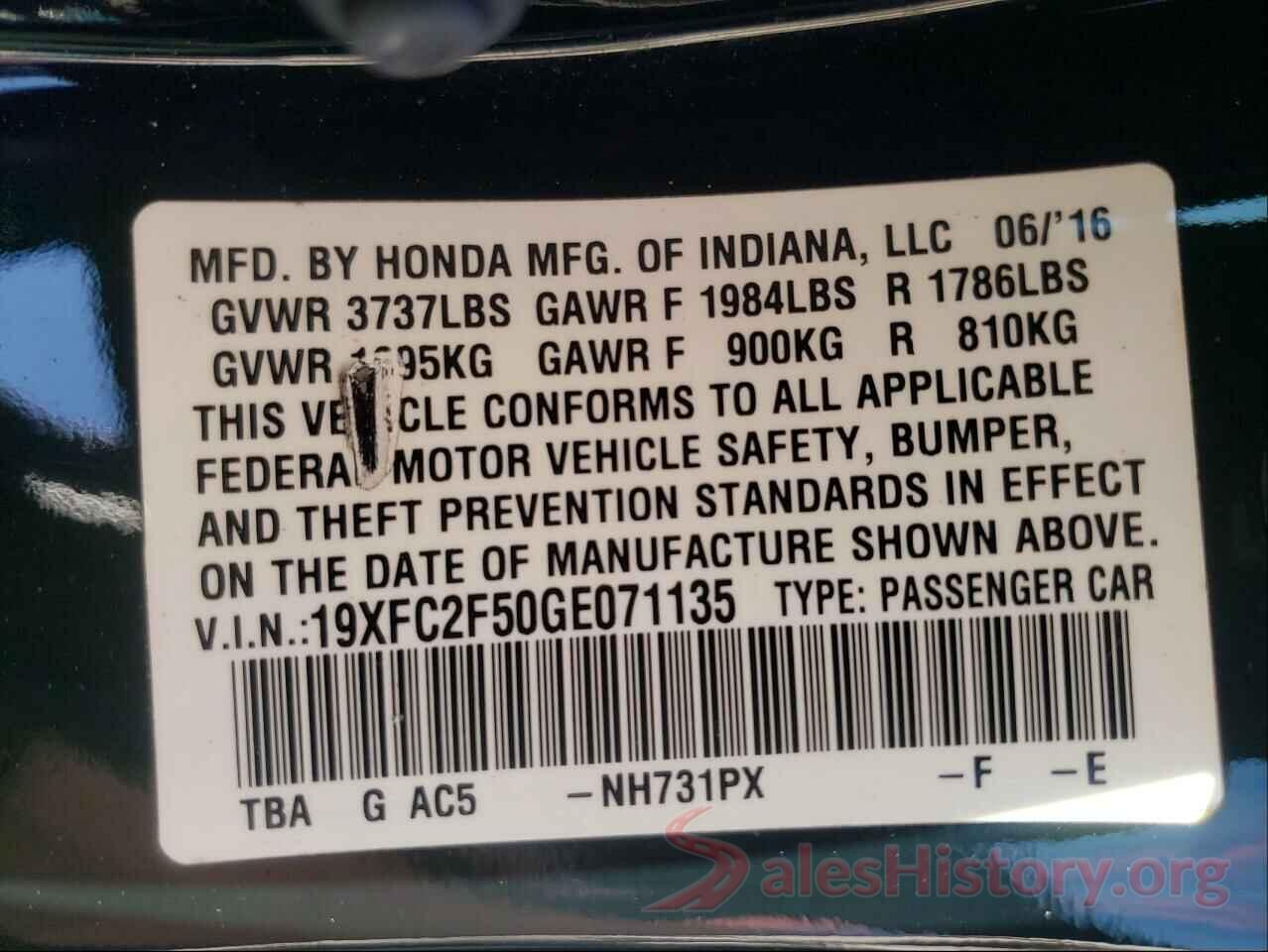 19XFC2F50GE071135 2016 HONDA CIVIC