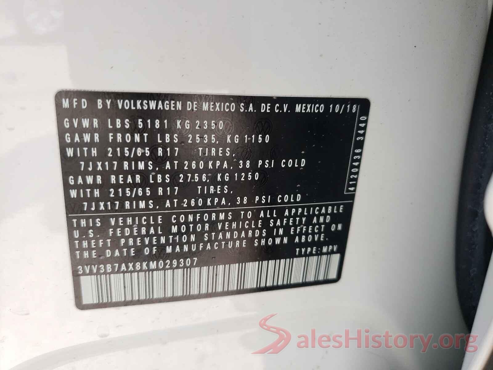 3VV3B7AX8KM029307 2019 VOLKSWAGEN TIGUAN