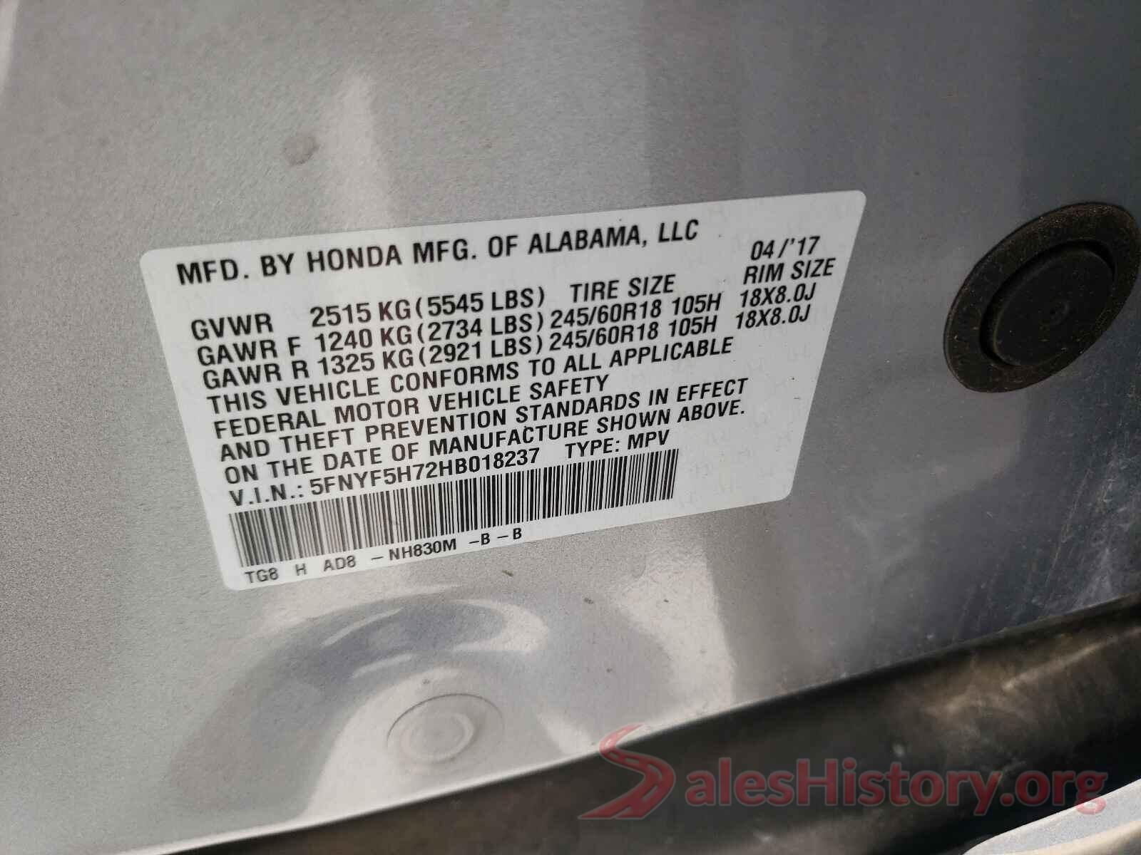 5FNYF5H72HB018237 2017 HONDA PILOT