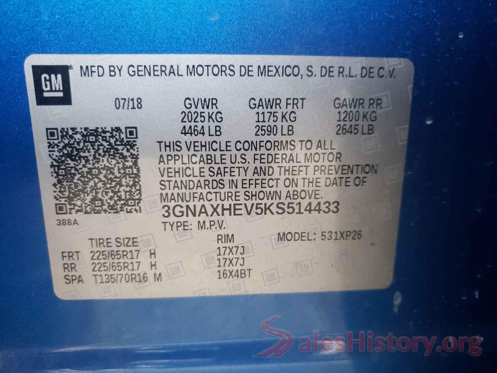 3GNAXHEV5KS514433 2019 CHEVROLET EQUINOX