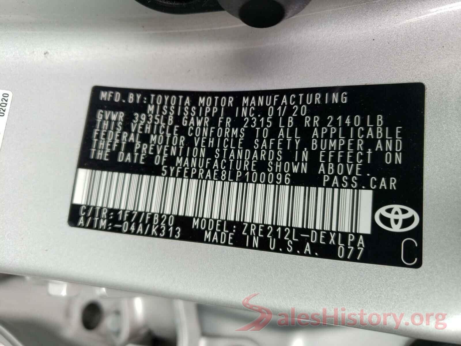 5YFEPRAE8LP100096 2020 TOYOTA COROLLA