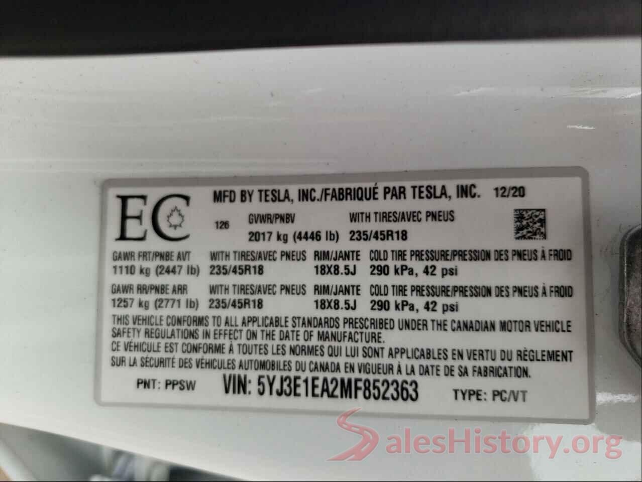 5YJ3E1EA2MF852363 2021 TESLA MODEL 3