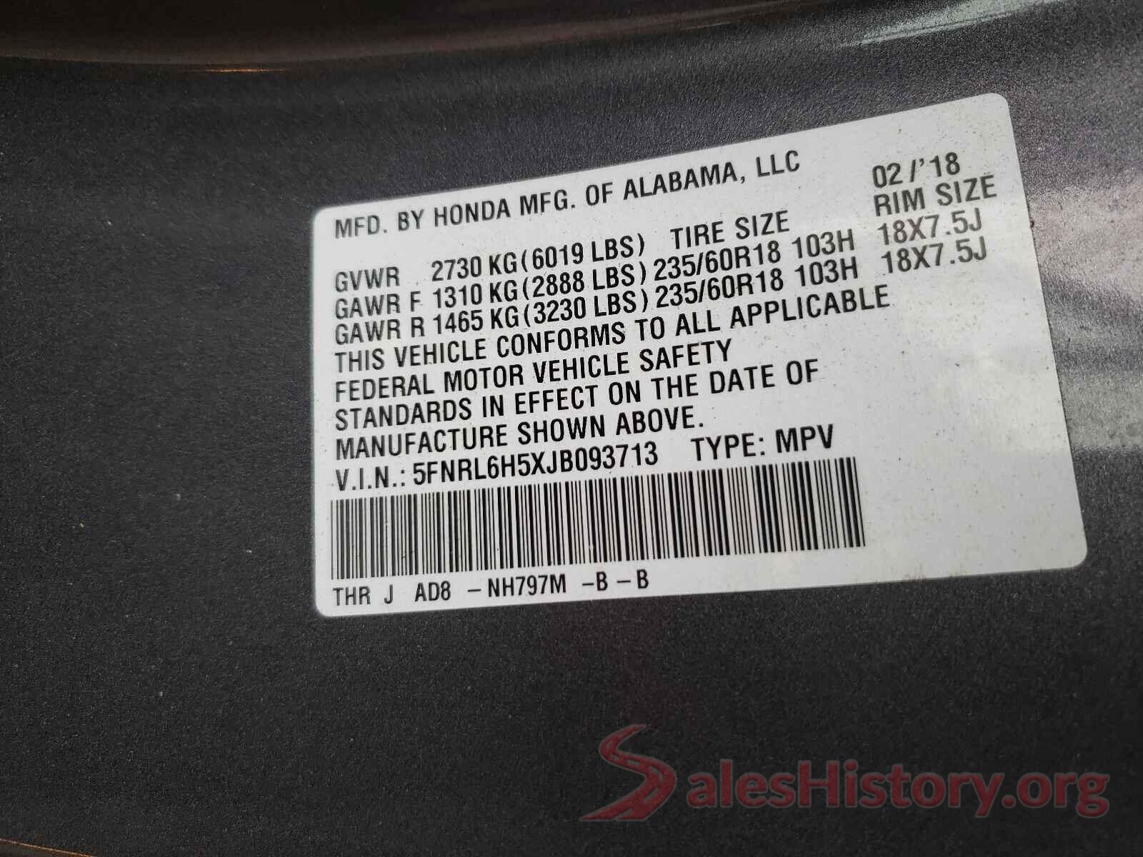 5FNRL6H5XJB093713 2018 HONDA ODYSSEY