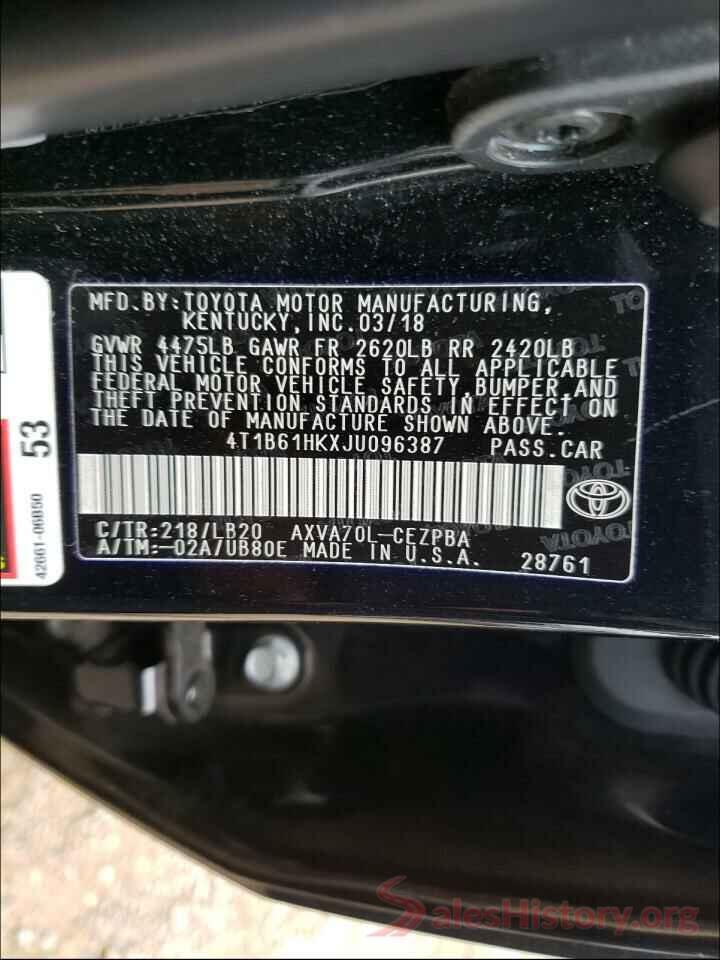 4T1B61HKXJU096387 2018 TOYOTA CAMRY