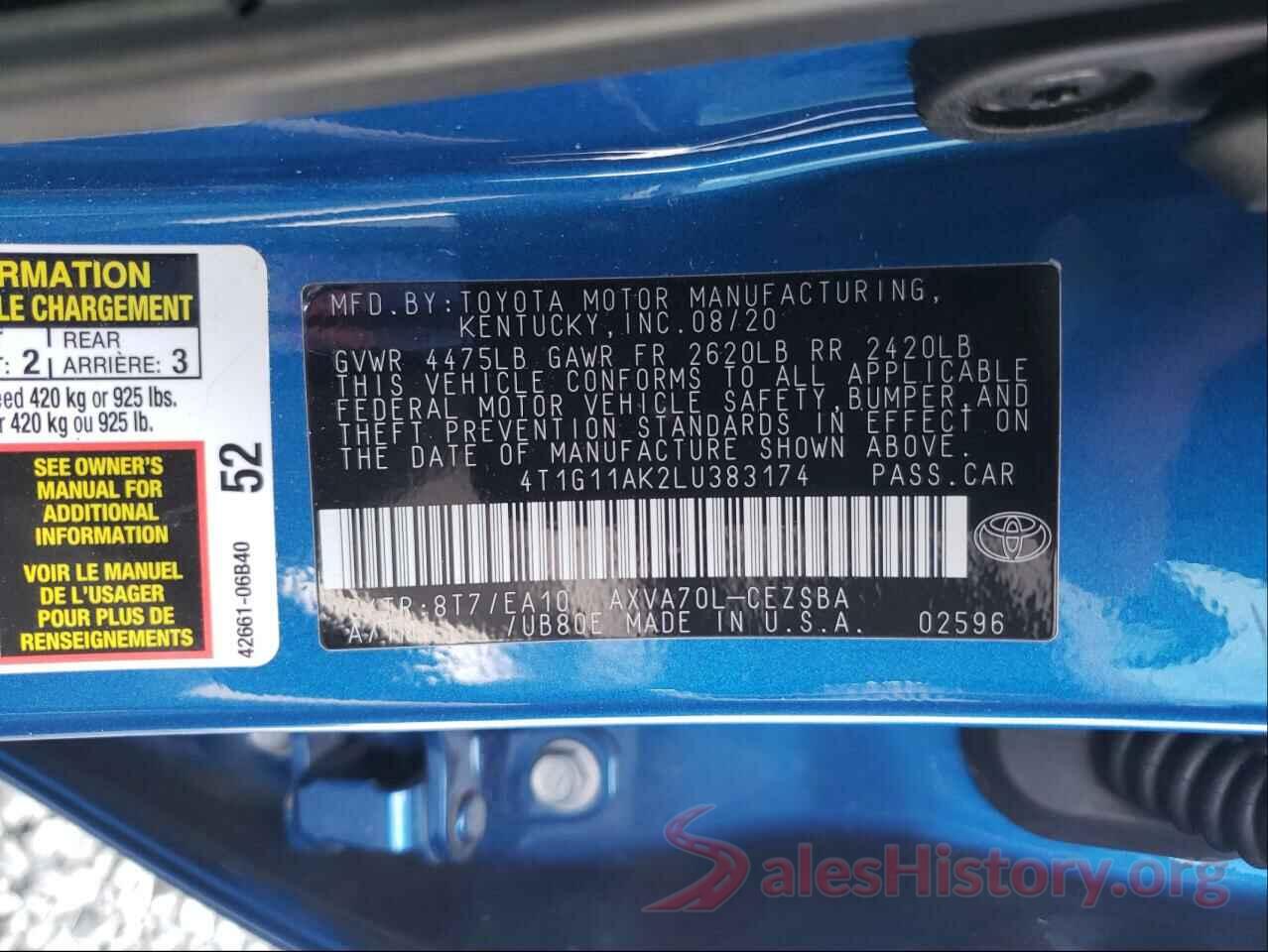 4T1G11AK2LU383174 2020 TOYOTA CAMRY