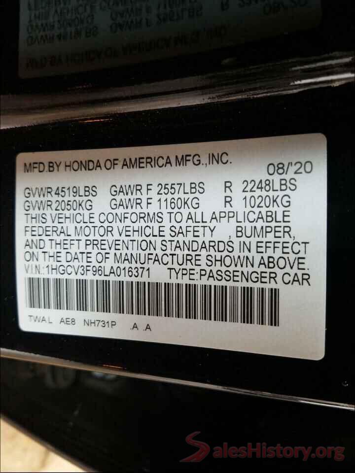 1HGCV3F96LA016371 2020 HONDA ACCORD