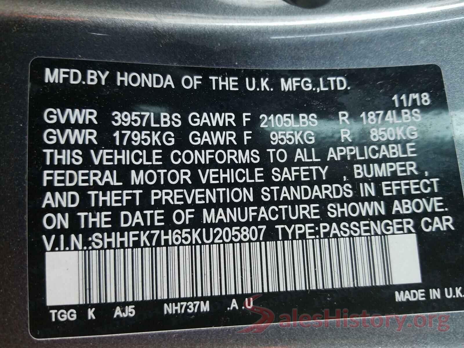 SHHFK7H65KU205807 2019 HONDA CIVIC