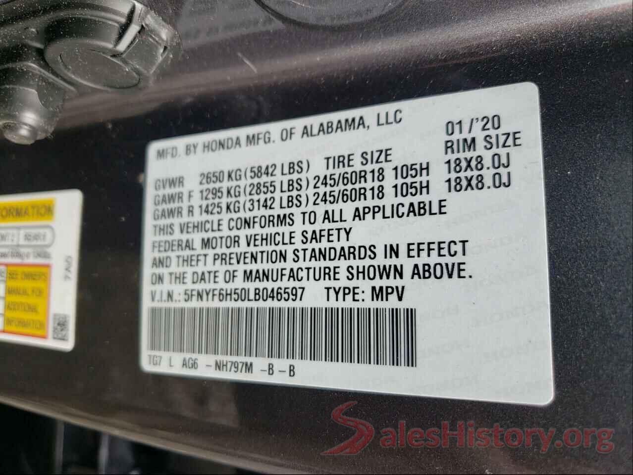 5FNYF6H50LB046597 2020 HONDA PILOT