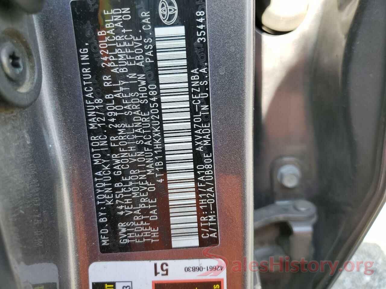 4T1B11HKXKU205480 2019 TOYOTA CAMRY