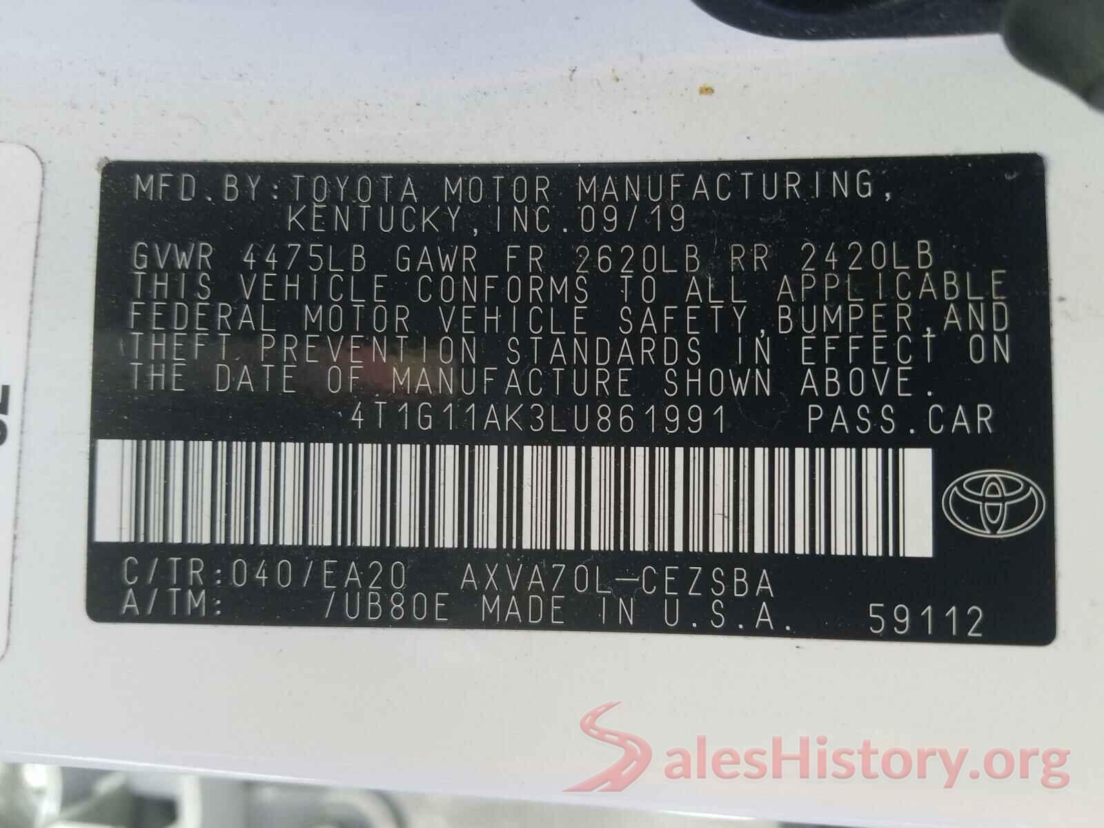 4T1G11AK3LU861991 2020 TOYOTA CAMRY