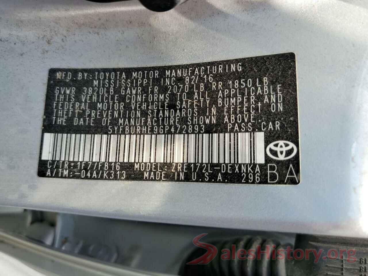 5YFBURHE9GP472893 2016 TOYOTA COROLLA