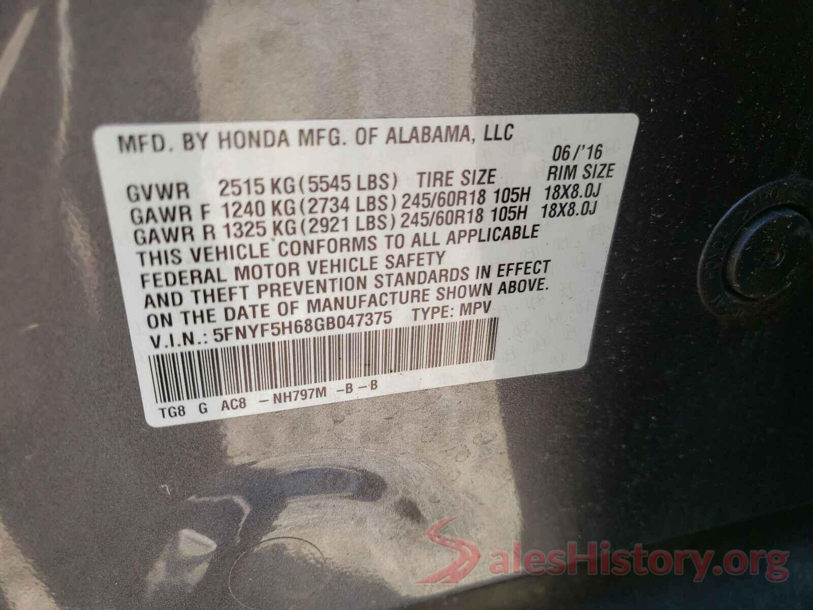 5FNYF5H68GB047375 2016 HONDA PILOT