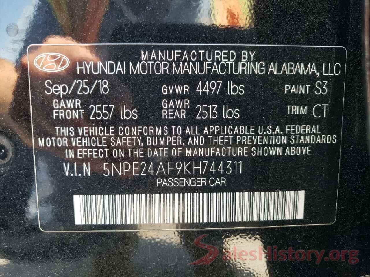 5NPE24AF9KH744311 2019 HYUNDAI SONATA