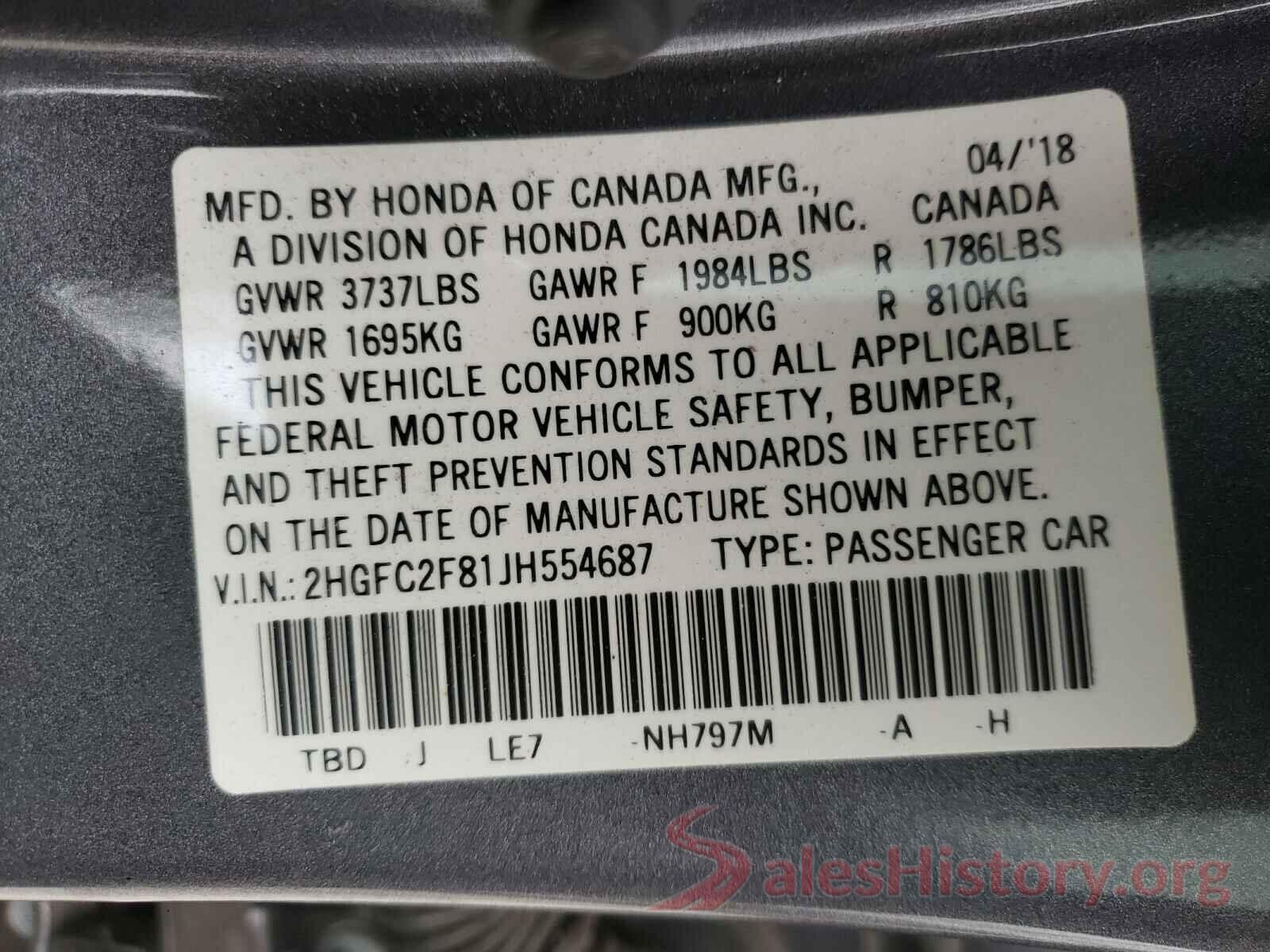 2HGFC2F81JH554687 2018 HONDA CIVIC